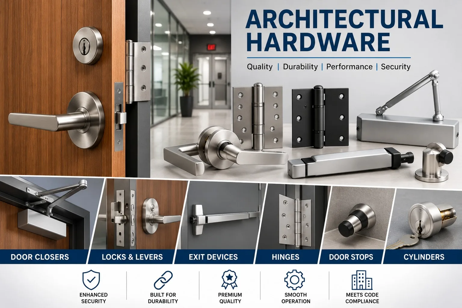 Architectural hardware — door closers, locks and levers, exit devices, hinges, door stops, cylinders