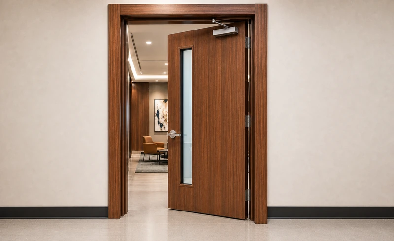 Custom wood door and frame in a commercial interior