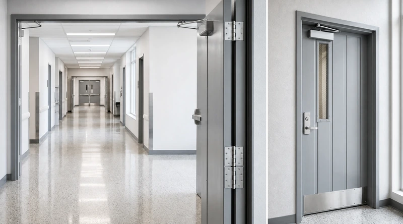 Institutional hallway with commercial metal doors