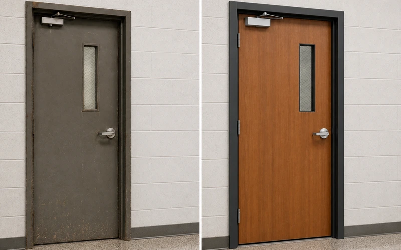 Worn metal door before replacement beside a new wood door