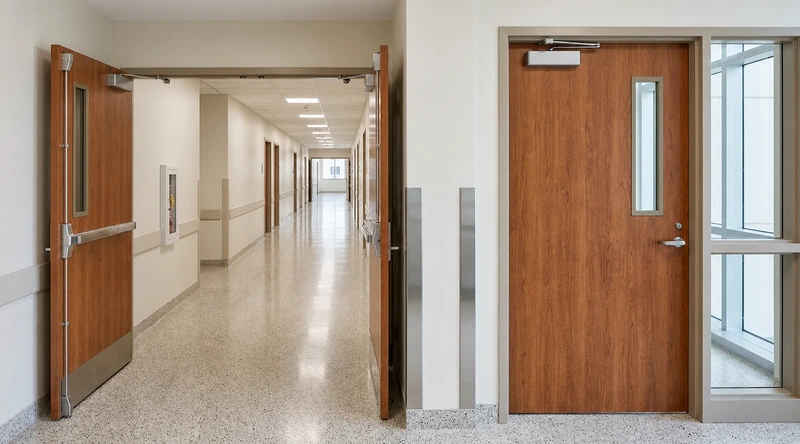Institutional corridor with commercial wood doors