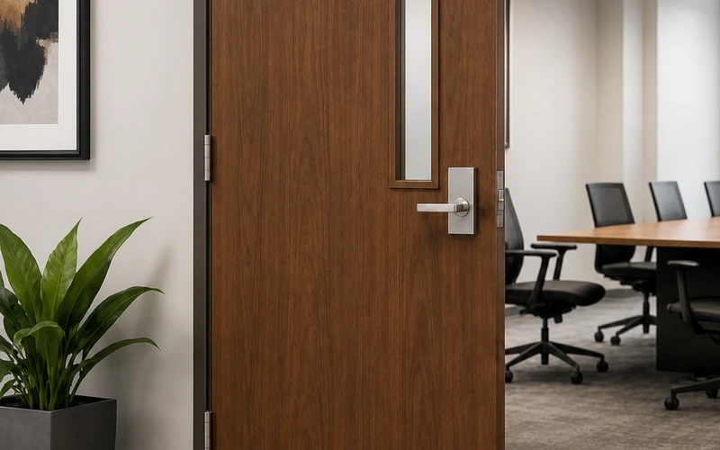 Commercial wood door in an office interior